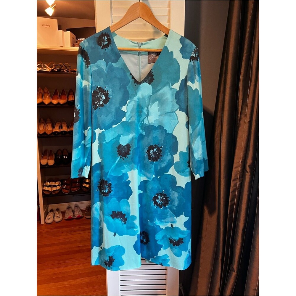 Lela Rose Teal and Aqua Floral V-Neck Shift Dress